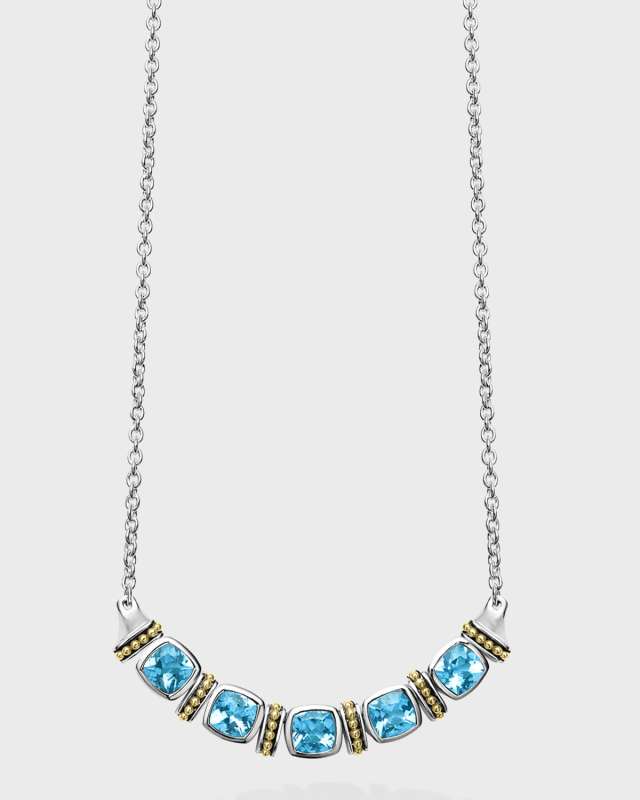 Caviar Color Blue Topaz 6mm Cushion-Set 5-Stone Chain Necklace